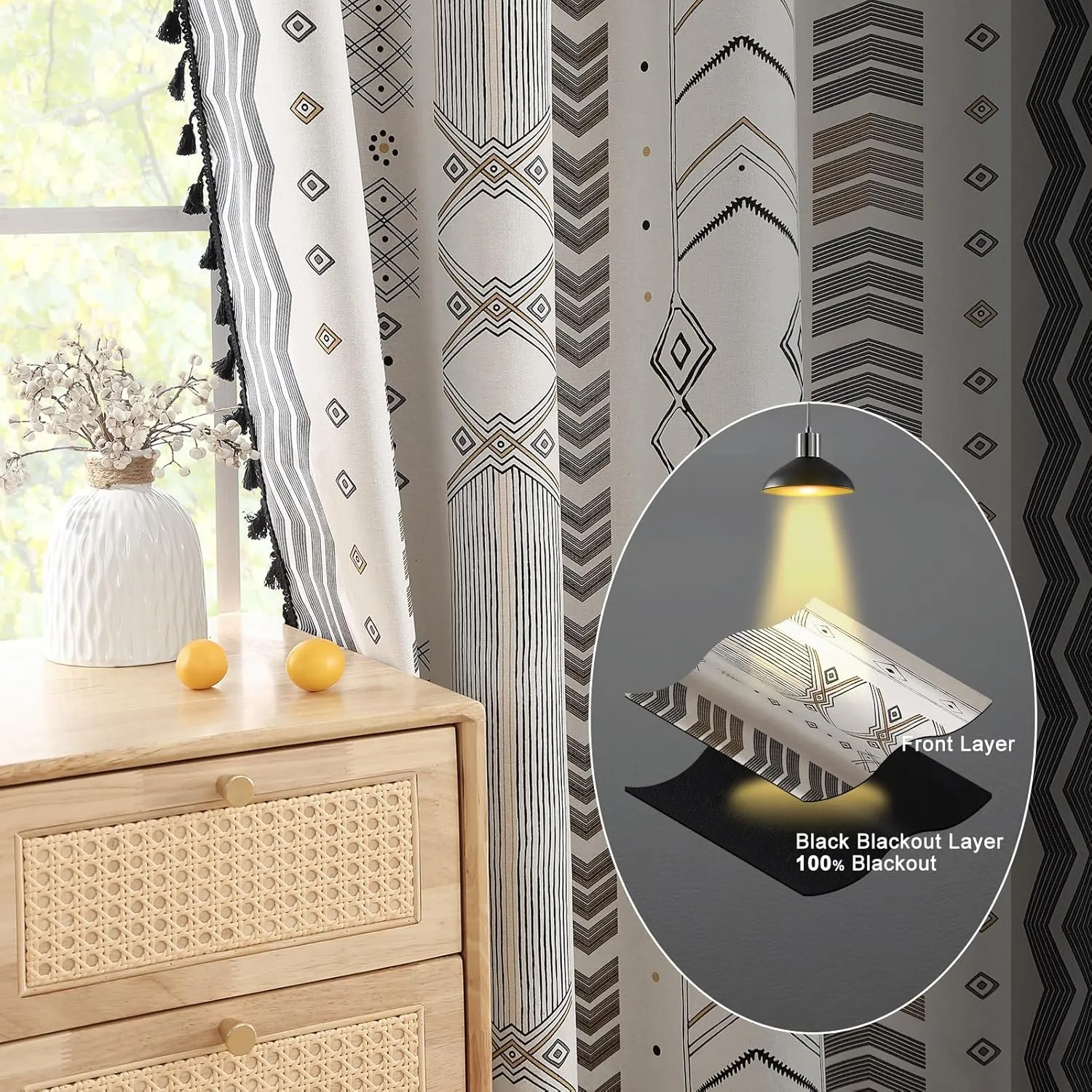 ColorBird 100% Boho Blackout Curtains 2 Panels 84 Inch Black White Western Southwest Linen Texture Thermal Black Out Curtain for Living Room Bedroom