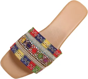 Comfortable Slip On Slide Sandals Women's Summer Colorful Woven Fabric Decorated Line Slippers Outdoor Casual Fashion
