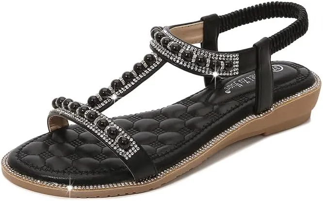 Comfortable Women's Sandals Summer Bohemian Style Beach Shoes Pearl Rhinestone Elastic Strap Flat Sandals