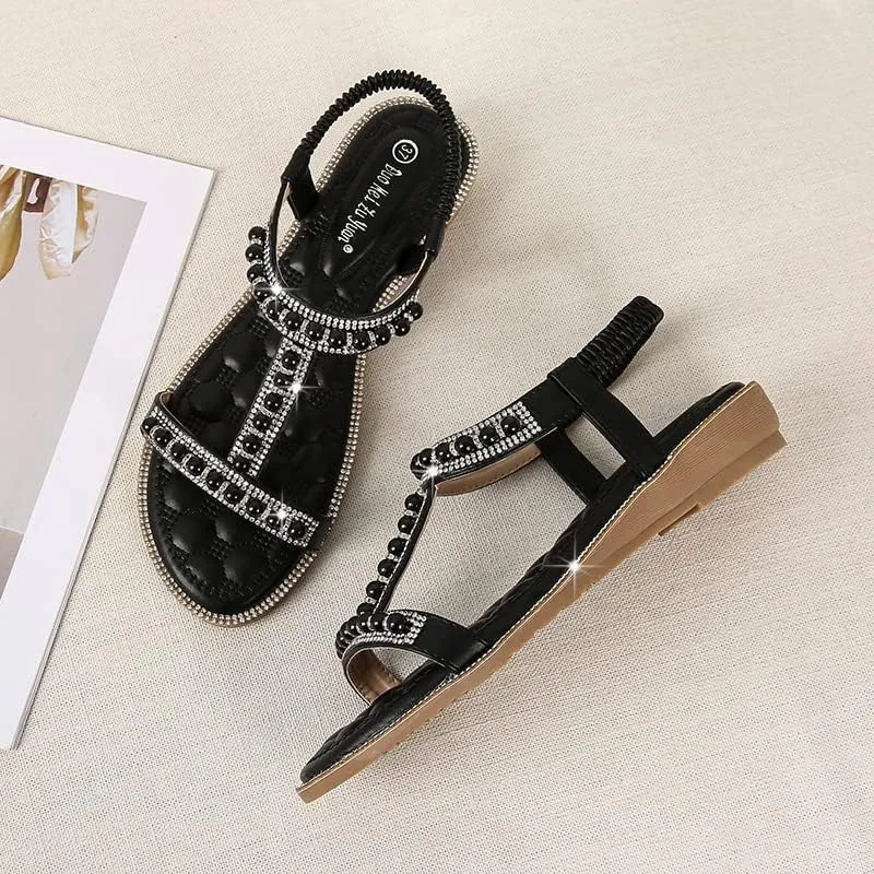 Comfortable Women's Sandals Summer Bohemian Style Beach Shoes Pearl Rhinestone Elastic Strap Flat Sandals