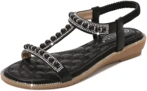 Comfortable Women's Sandals Summer Bohemian Style Beach Shoes Pearl Rhinestone Elastic Strap Flat Sandals