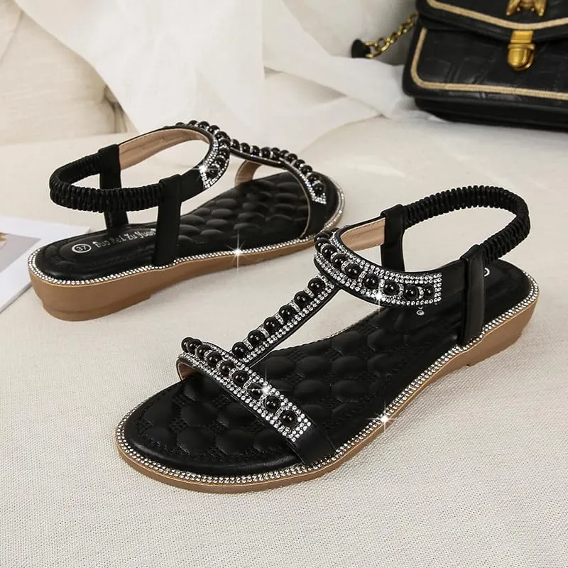 Comfortable Women's Sandals Summer Bohemian Style Beach Shoes Pearl Rhinestone Elastic Strap Flat Sandals