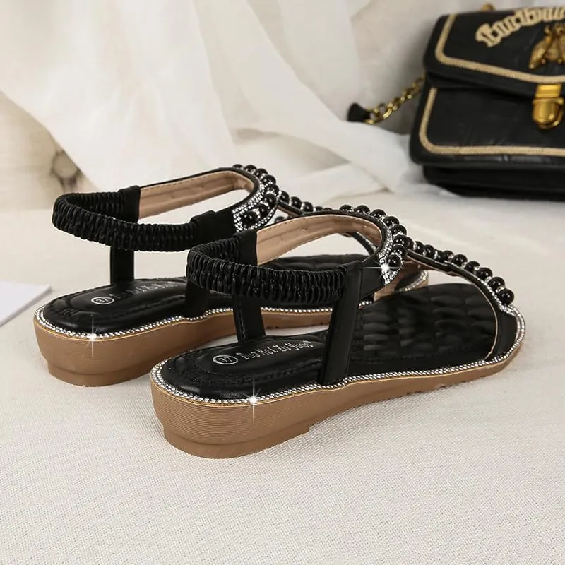 Comfortable Women's Sandals Summer Bohemian Style Beach Shoes Pearl Rhinestone Elastic Strap Flat Sandals