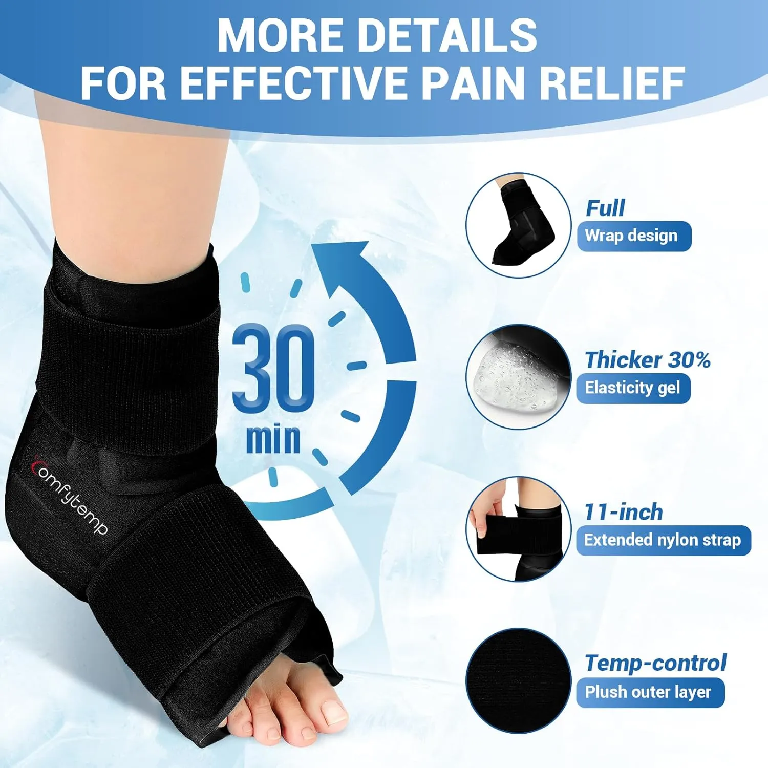 Comfytemp Large Ankle Foot Ice Pack Wrap for Plantar Fasciitis Relief, FSA HSA Eligible, Feet Brace for Sprained Ankle, Heel Spur, Swelling, Tendonitis, Hot & Cold Therapy, 1 Pack (Black)