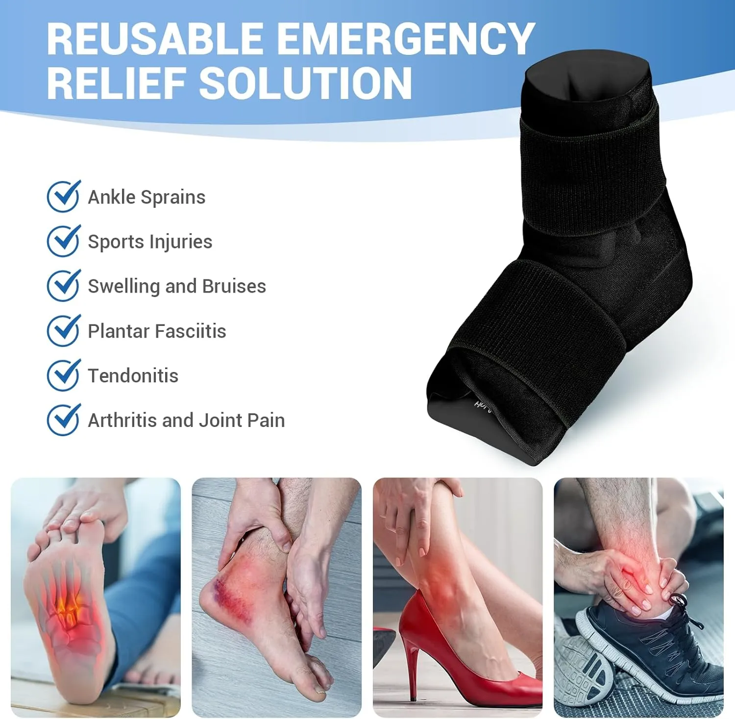 Comfytemp Large Ankle Foot Ice Pack Wrap for Plantar Fasciitis Relief, FSA HSA Eligible, Feet Brace for Sprained Ankle, Heel Spur, Swelling, Tendonitis, Hot & Cold Therapy, 1 Pack (Black)