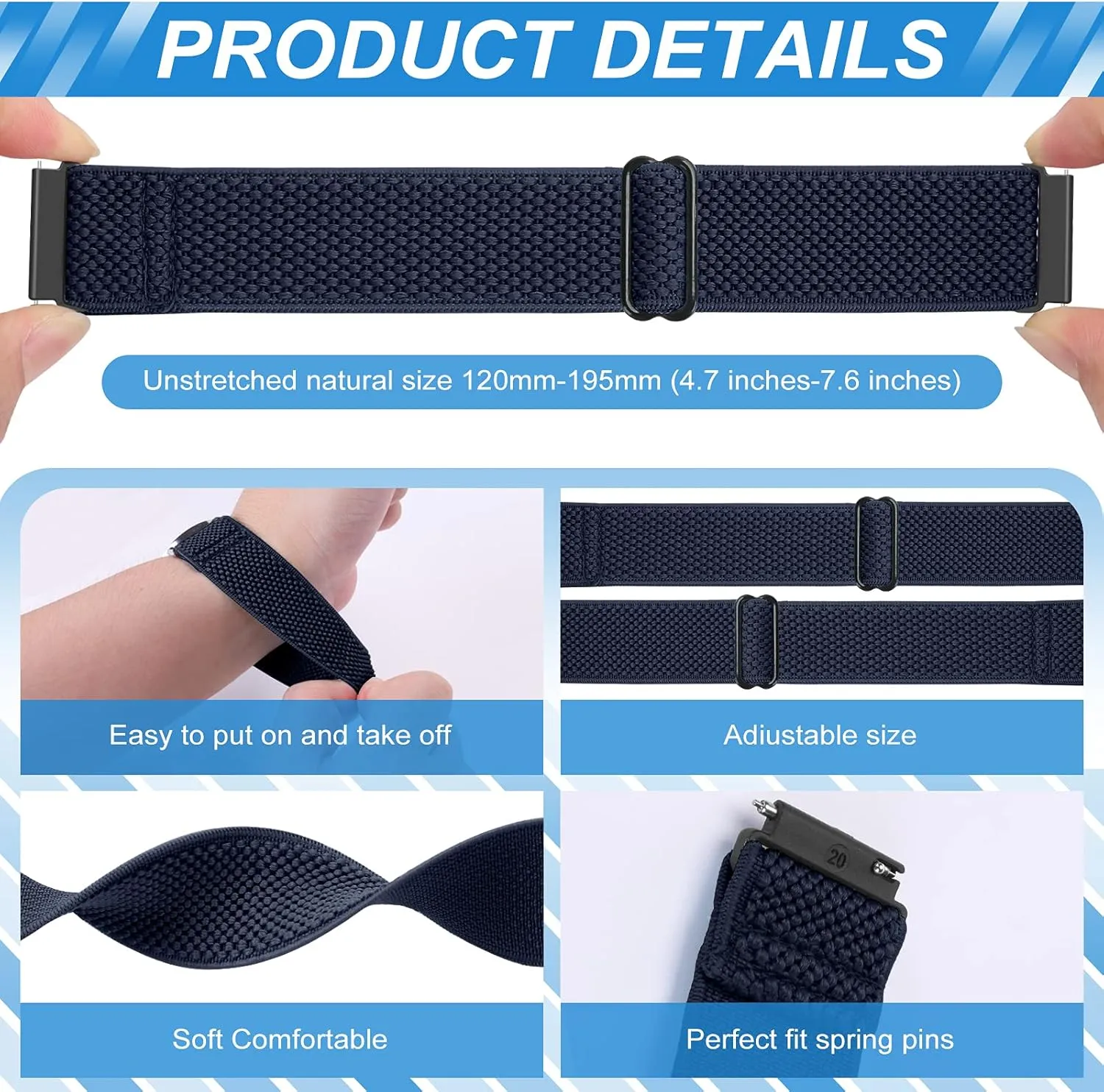 Compatible with 16mm 18mm 19mm 20mm 22mm Watch Bands Quick Release Replacement Wristband,Adjustable Stretchy Nylon Solo Loop Straps Fabric Braided Sport Elastic Bands for Men Women