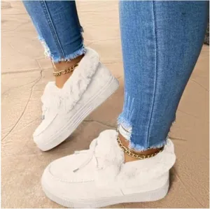 Corashoes Casual Fashion Flat Boots for Women, Kandylane Cute Warm Winter Durable Shoes, Suede Flat, Snow Boots Loafer Platform Shoes Comfortable, Thick Plush Keep Warm Loafer Flats,White,US:8.5