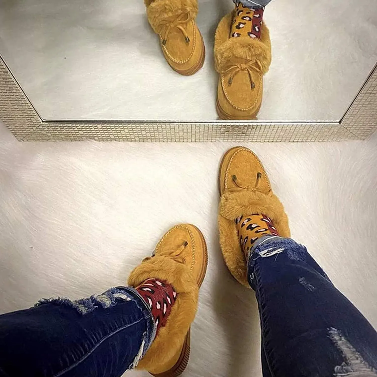 Corashoes Casual Fashion Flat Boots for Women, Kandylane Cute Warm Winter Durable Shoes, Suede Flat, Snow Boots Loafer Platform Shoes Comfortable, Thick Plush Keep Warm Loafer Flats,White,US:8.5