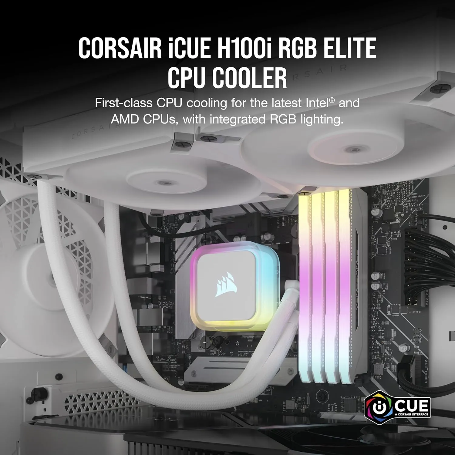 CORSAIR H100i RGB Elite Liquid CPU Cooler - 240mm AIO - AF120 Elite PWM Fans - Intel® LGA 1700, 1200, 2066, AMD® AM5 & AM4 Sockets - White