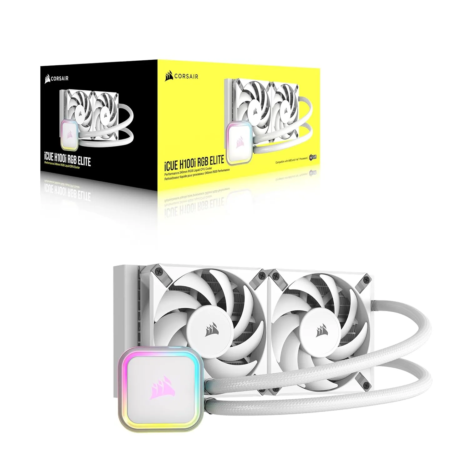 CORSAIR H100i RGB Elite Liquid CPU Cooler - 240mm AIO - AF120 Elite PWM Fans - Intel® LGA 1700, 1200, 2066, AMD® AM5 & AM4 Sockets - White