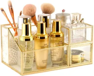 Cosmetics Storage Display Case, Glass Makeup Organizer Antique Countertop Vanity Cosmetic Storage Box Mirror Glass Beauty Display, for Dressing Table, Birthday, Christmas, Wedding