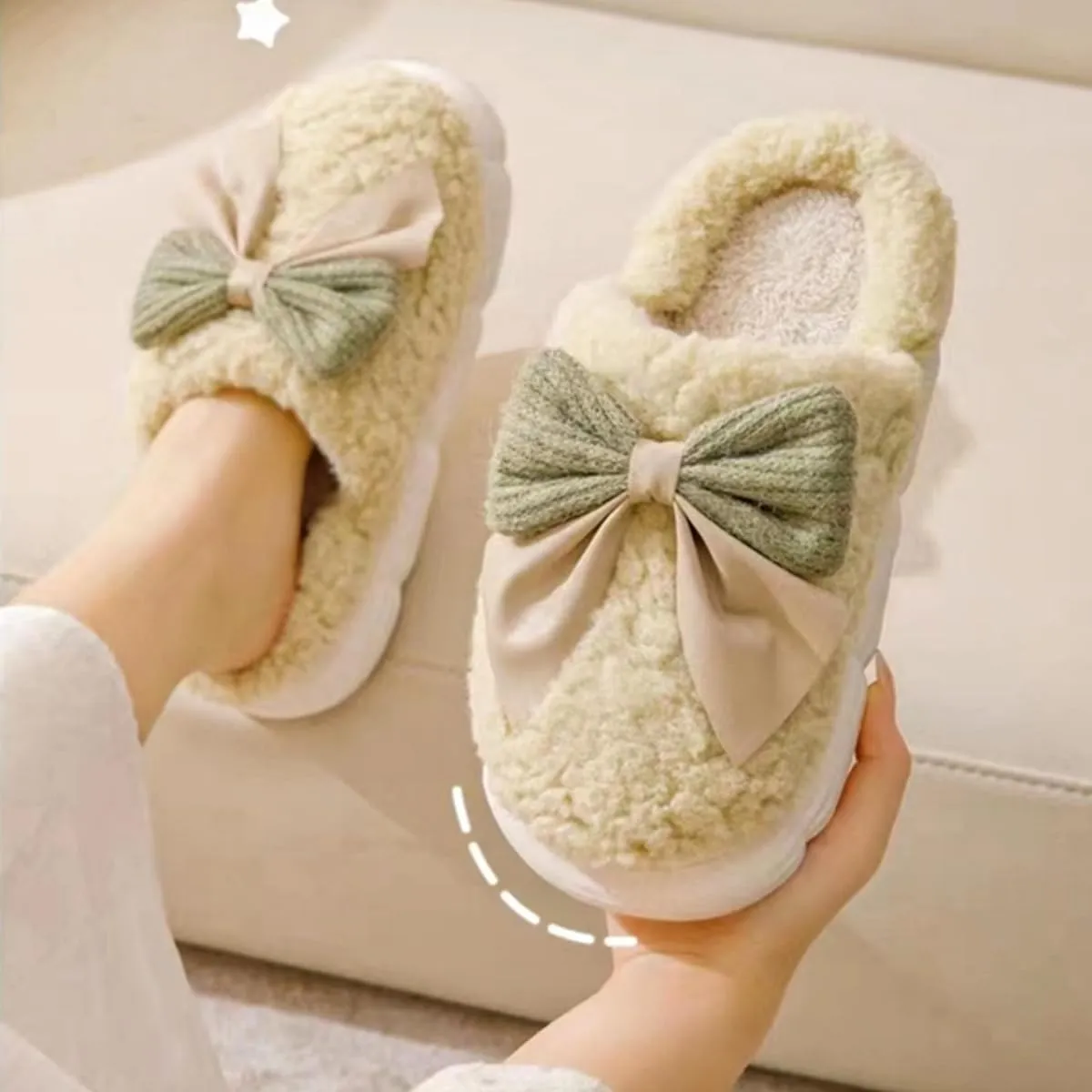 Cute Bow Slippers for Women, Womens Fuzzy Fluffy Cozy Indoor Outdoor House Slippers