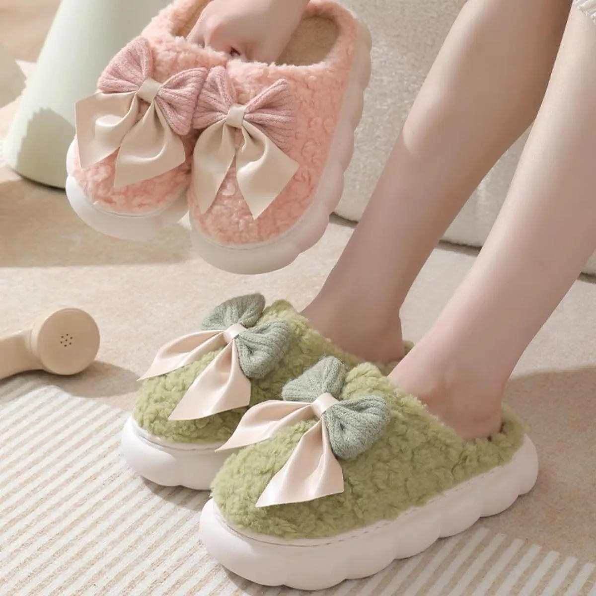 Cute Bow Slippers for Women, Womens Fuzzy Fluffy Cozy Indoor Outdoor House Slippers