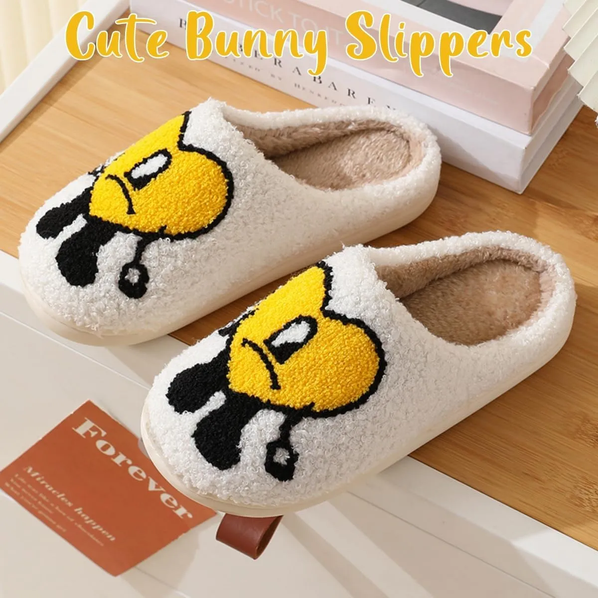 Cute Bunny Slippers for Women and Men - Fuzzy Cartoon Plush Warm Love Pattern Kawaii Couple Slippers for Autumn Winter