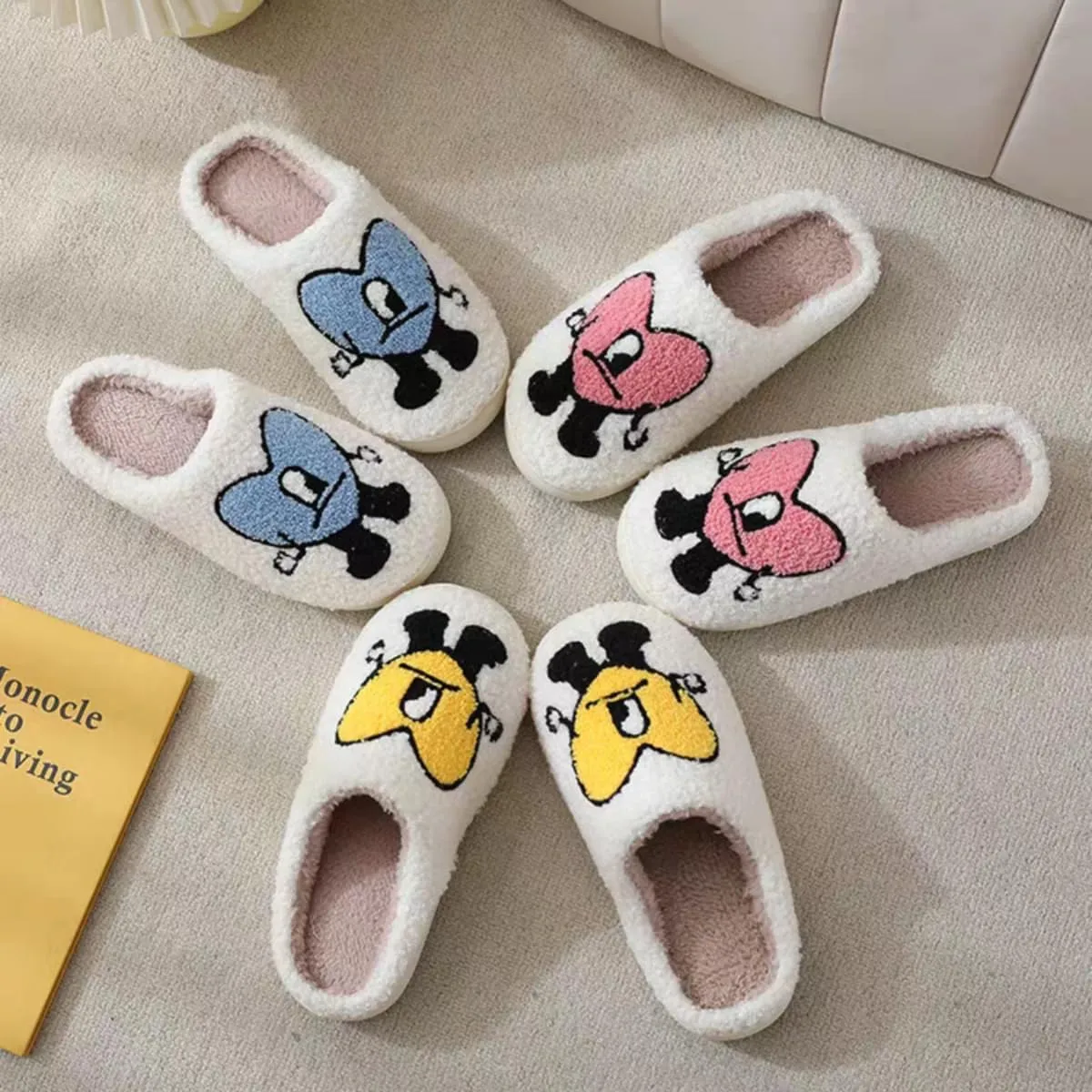 Cute Bunny Slippers for Women and Men - Fuzzy Cartoon Plush Warm Love Pattern Kawaii Couple Slippers for Autumn Winter