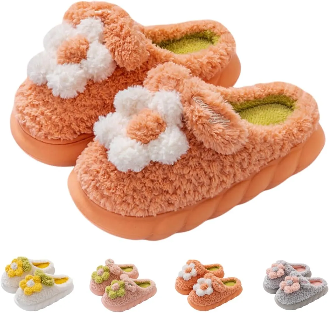 Cute Floral Fuzzy Slippers for Women Flower Womens Slippers Indoor Outdoor Slippers with Plush Soft Lining Memory Foam House Slippers Platform Slippers