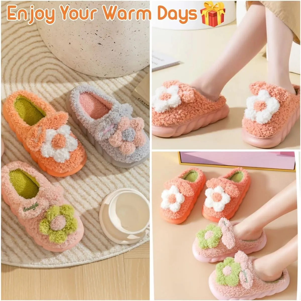 Cute Floral Fuzzy Slippers for Women Flower Womens Slippers Indoor Outdoor Slippers with Plush Soft Lining Memory Foam House Slippers Platform Slippers