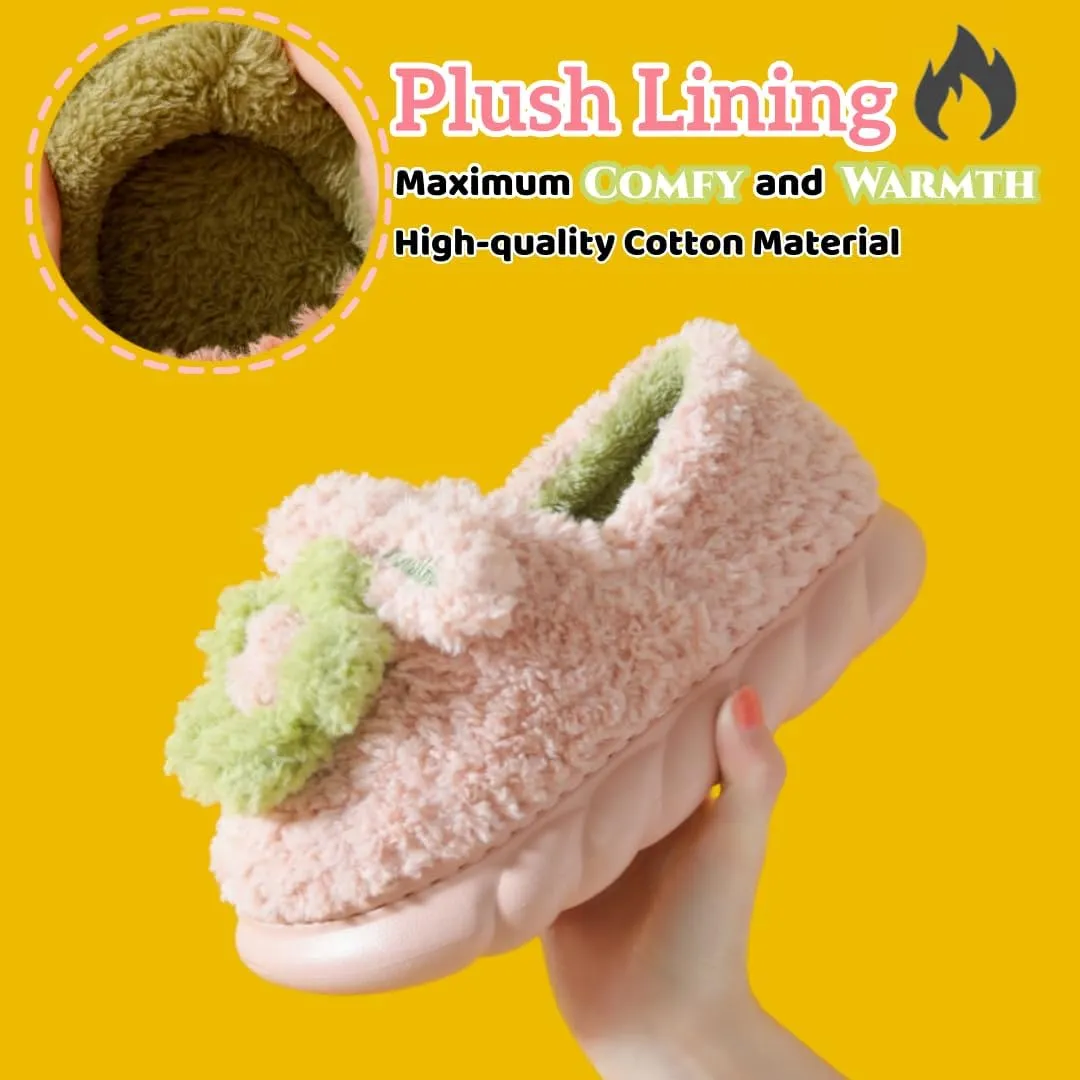 Cute Floral Fuzzy Slippers for Women Flower Womens Slippers Indoor Outdoor Slippers with Plush Warm Lining Memory Foam House Slippers Platform Slippers