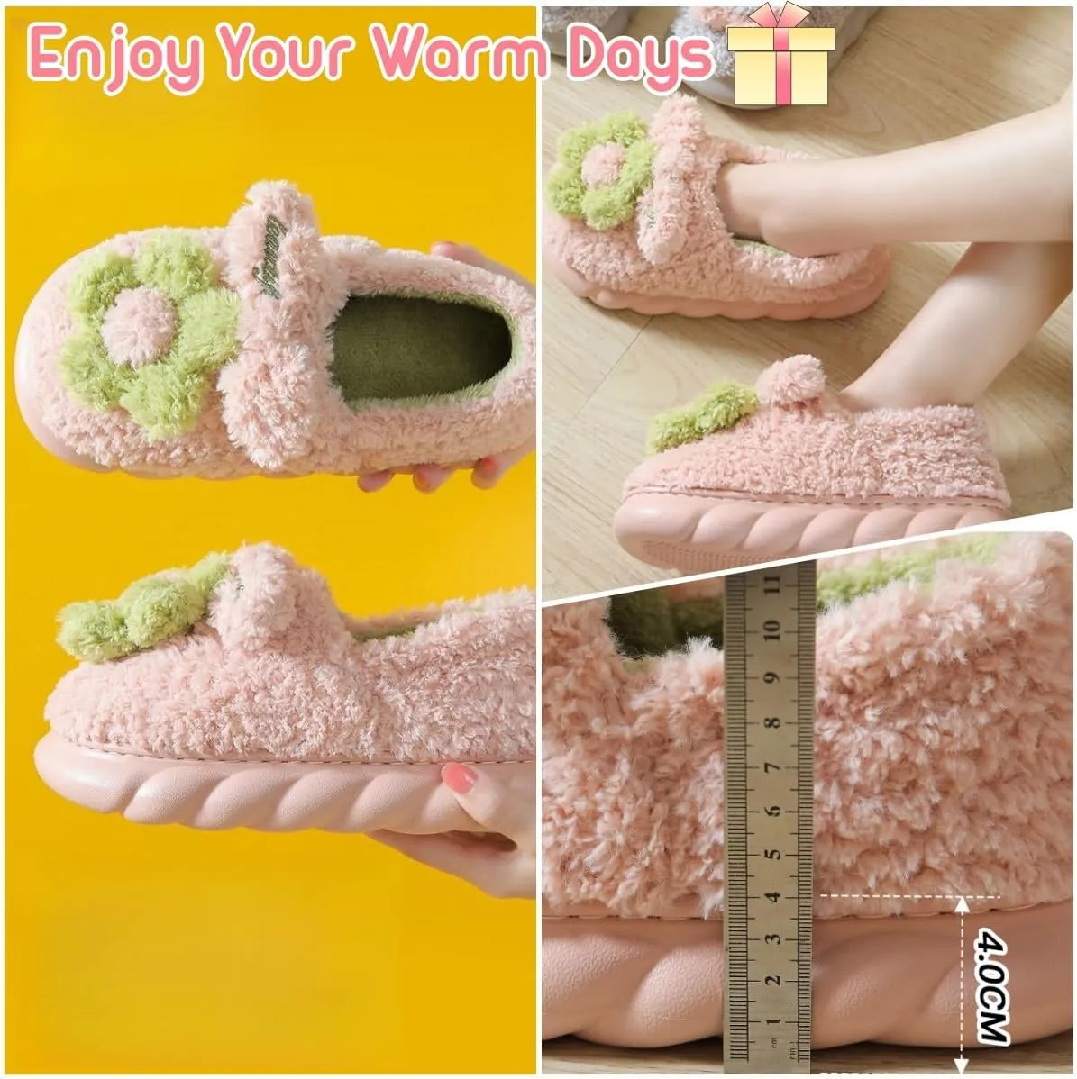 Cute Floral Fuzzy Slippers for Women Flower Womens Slippers Indoor Outdoor Slippers with Plush Warm Lining Memory Foam House Slippers Platform Slippers