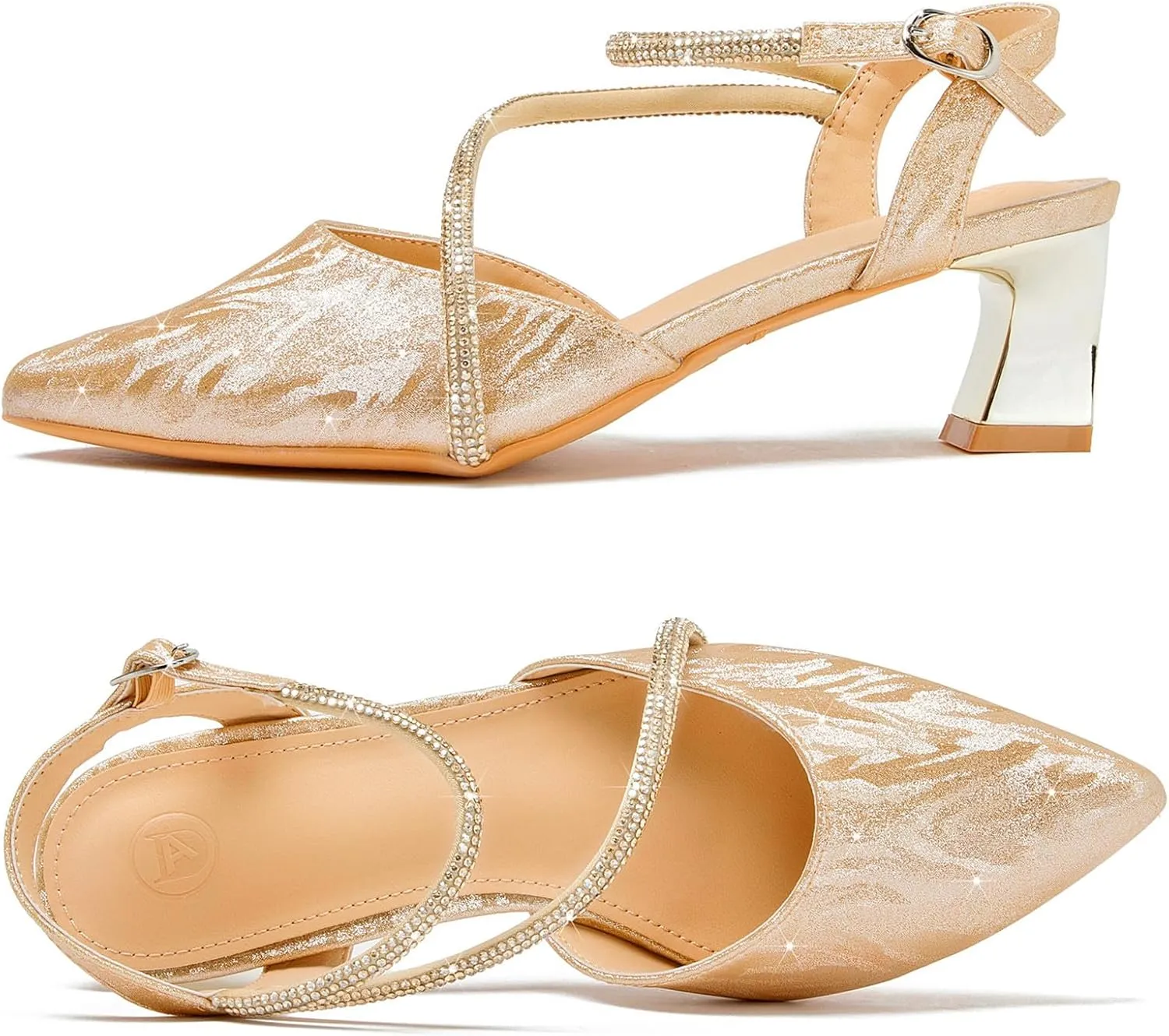 DADAWEN Women's Slingback Low Chunky Heels Closed Pointed Toe Rhinestone Ankle Strap Wedding Party Dress Pump Shoes