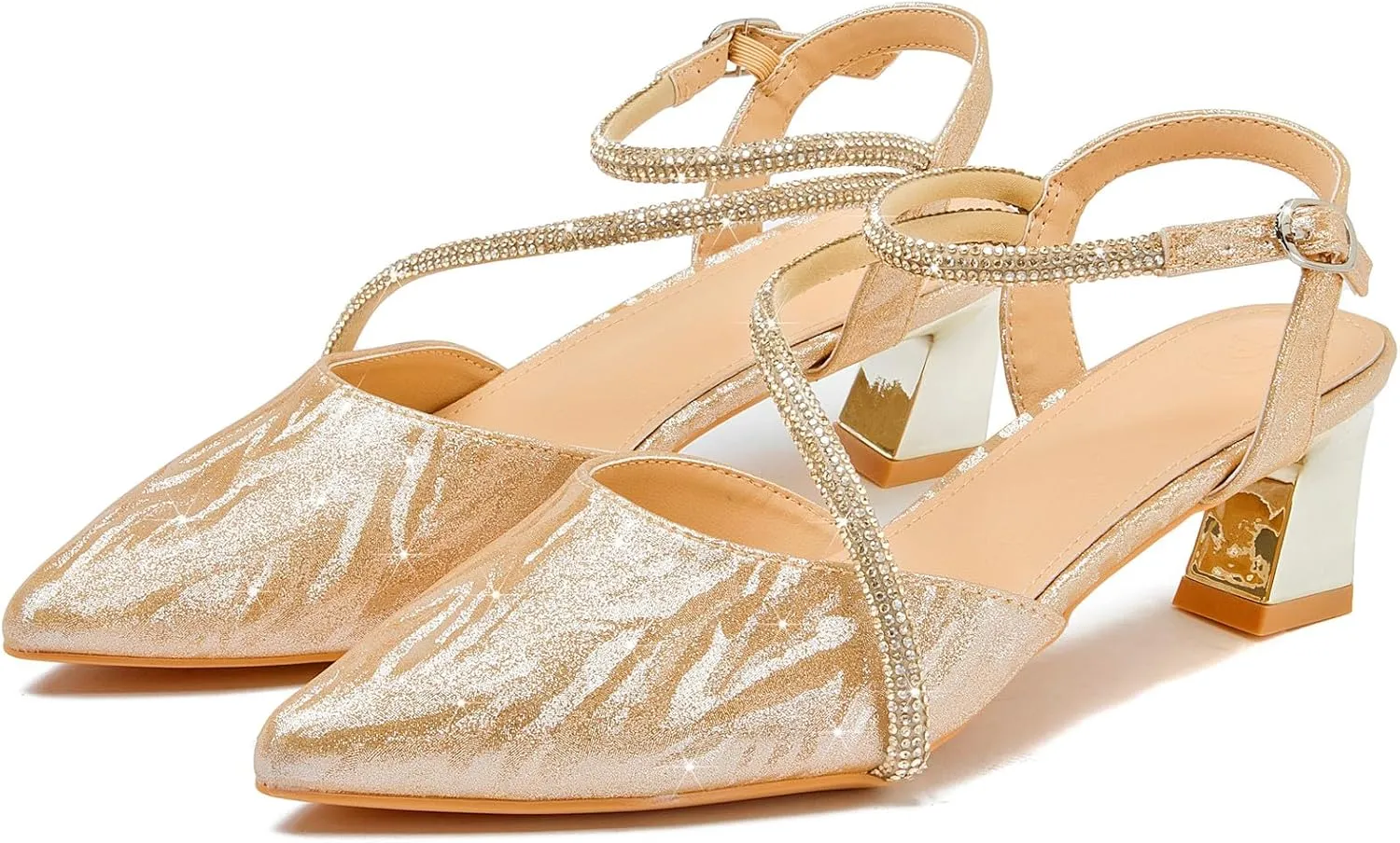 DADAWEN Women's Slingback Low Chunky Heels Closed Pointed Toe Rhinestone Ankle Strap Wedding Party Dress Pump Shoes