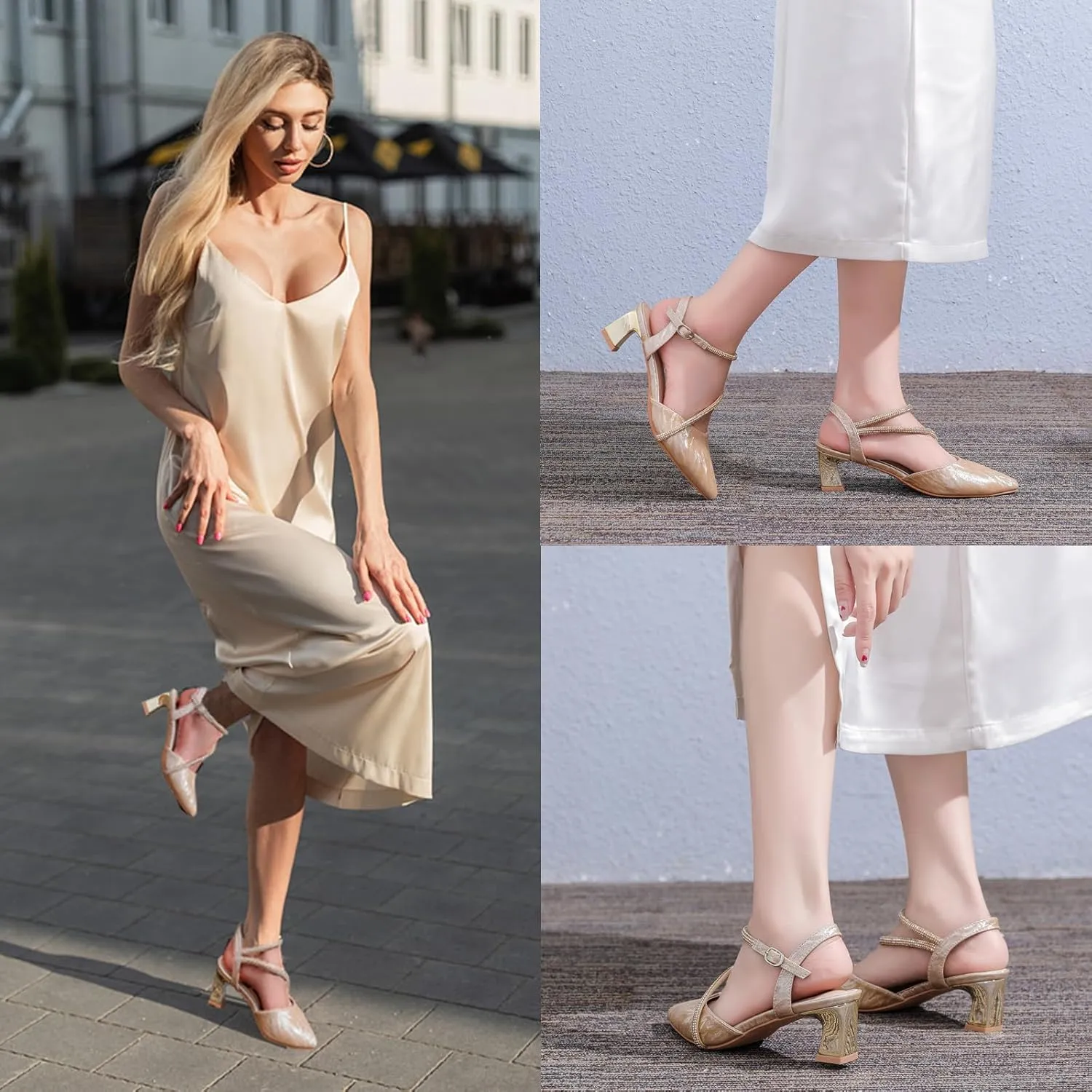 DADAWEN Women's Slingback Low Chunky Heels Closed Pointed Toe Rhinestone Ankle Strap Wedding Party Dress Pump Shoes