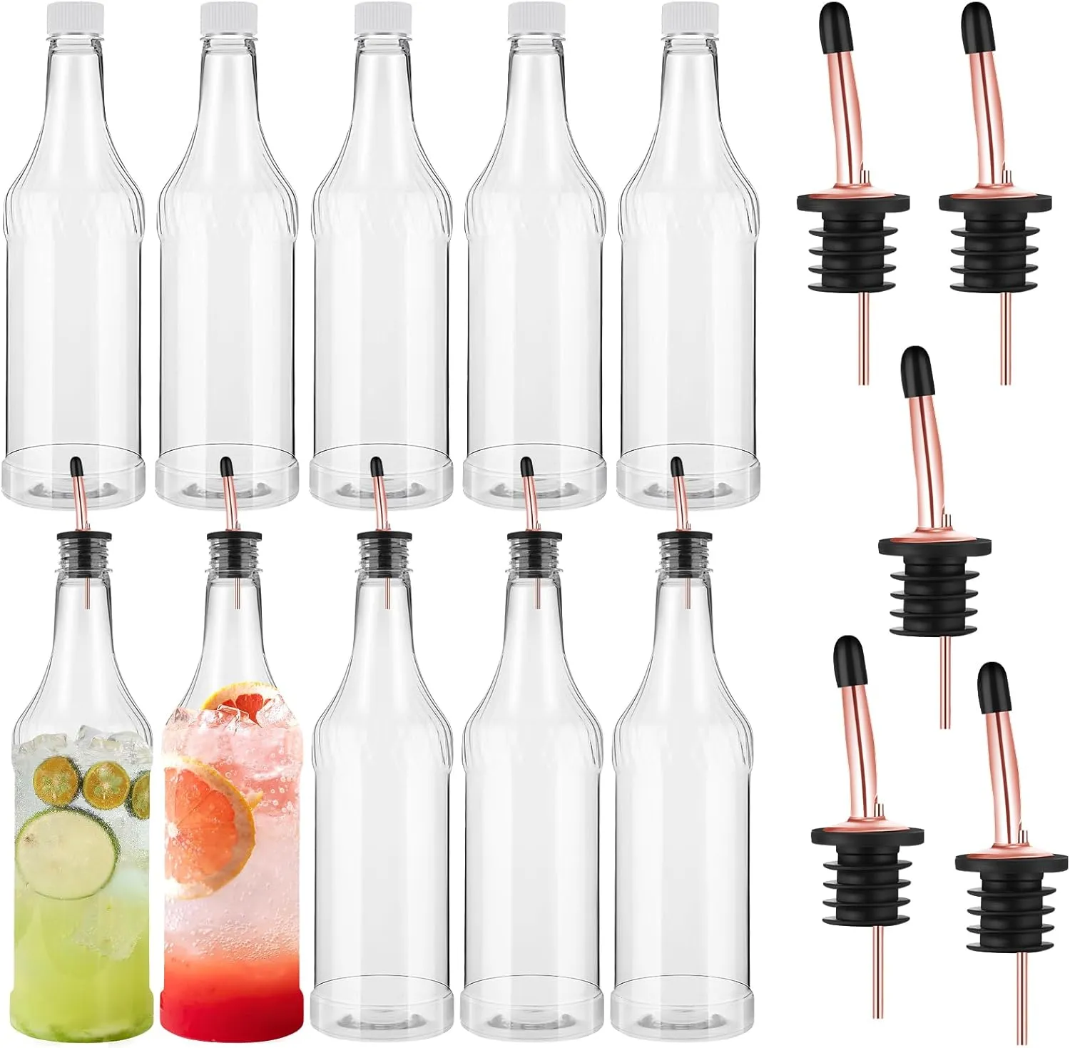 Dandat 20 Pcs 32 oz Plastic Long Neck Bottles with Pourer and Caps Plastic Juice Pour Bottles with Stainless Steel Pourer Tapered Spout for Liquor Juice Store (Rose Gold)