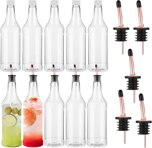 Dandat 20 Pcs 32 oz Plastic Long Neck Bottles with Pourer and Caps Plastic Juice Pour Bottles with Stainless Steel Pourer Tapered Spout for Liquor Juice Store (Rose Gold)