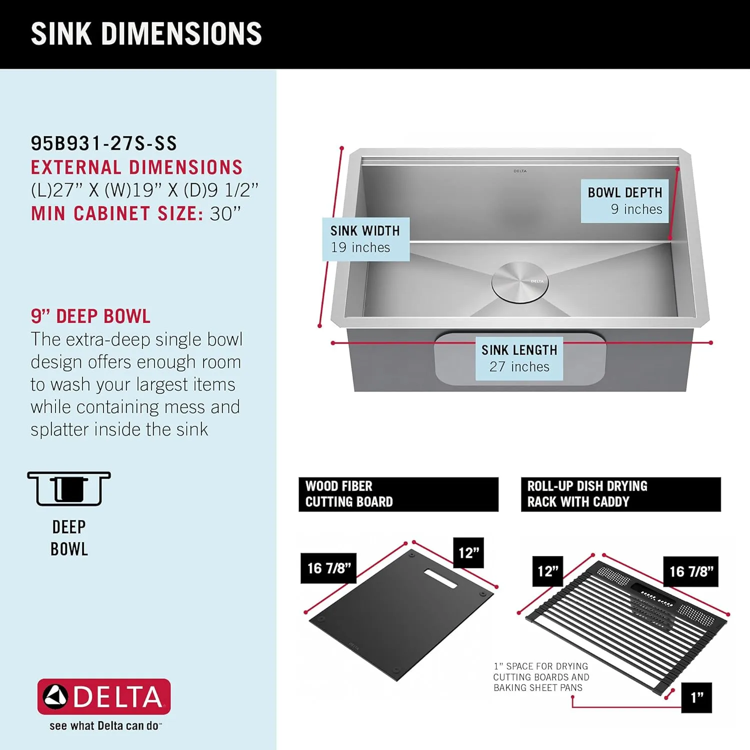 DELTA FAUCET Rivet 27-Inch Workstation Kitchen Sink Undermount 16 Gauge Stainless Steel Single Bowl with WorkFlow Ledge and Chef’s Kit of 6 Accessories, 95B931-27S-SS