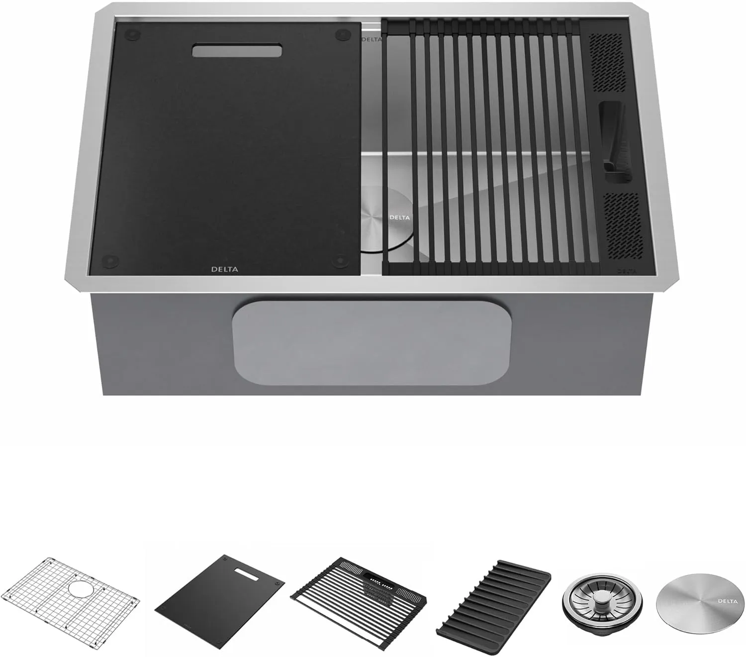DELTA FAUCET Rivet 27-Inch Workstation Kitchen Sink Undermount 16 Gauge Stainless Steel Single Bowl with WorkFlow Ledge and Chef’s Kit of 6 Accessories, 95B931-27S-SS