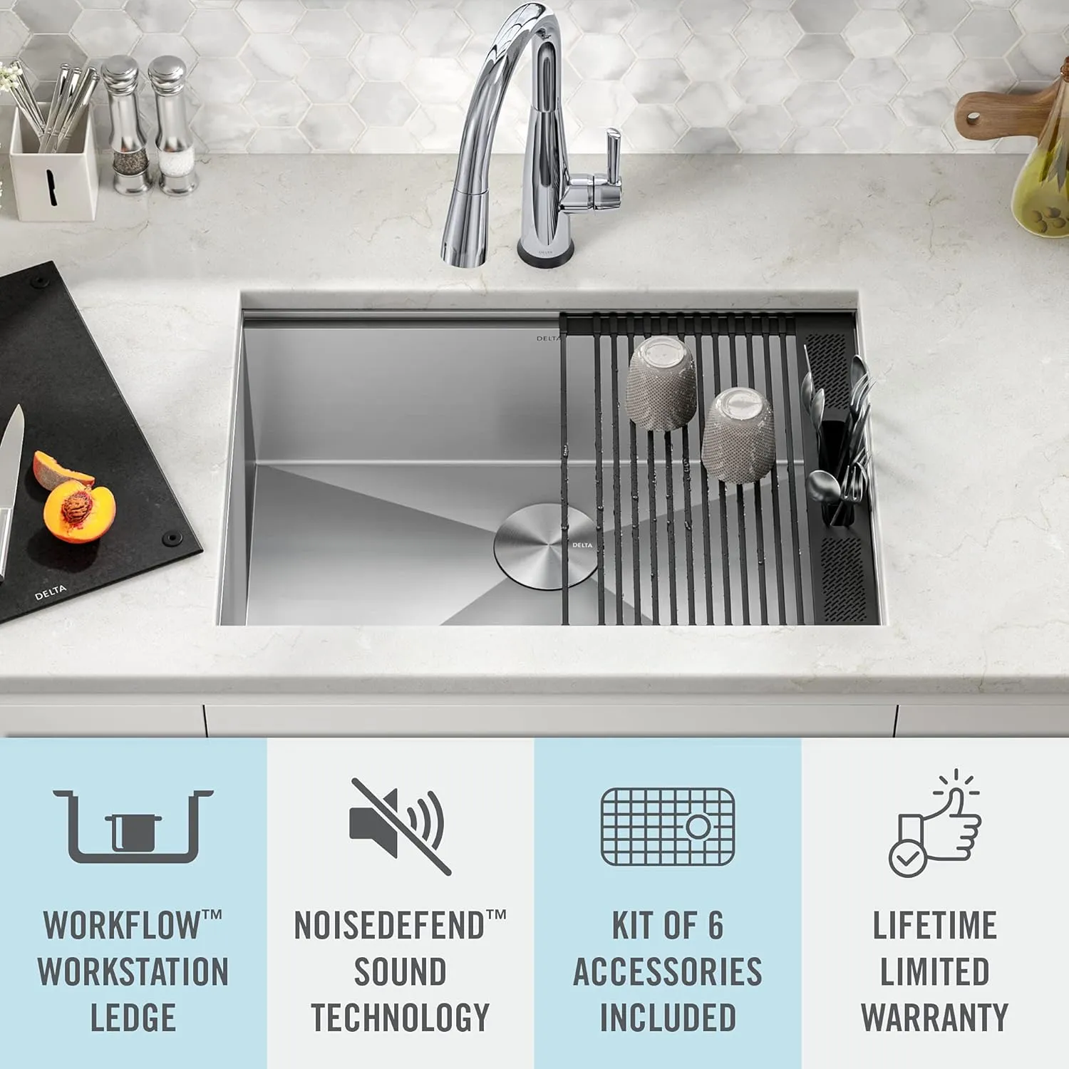 DELTA FAUCET Rivet 27-Inch Workstation Kitchen Sink Undermount 16 Gauge Stainless Steel Single Bowl with WorkFlow Ledge and Chef’s Kit of 6 Accessories, 95B931-27S-SS