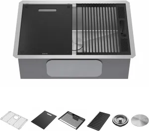 DELTA FAUCET Rivet 27-Inch Workstation Kitchen Sink Undermount 16 Gauge Stainless Steel Single Bowl with WorkFlow Ledge and Chef’s Kit of 6 Accessories, 95B931-27S-SS