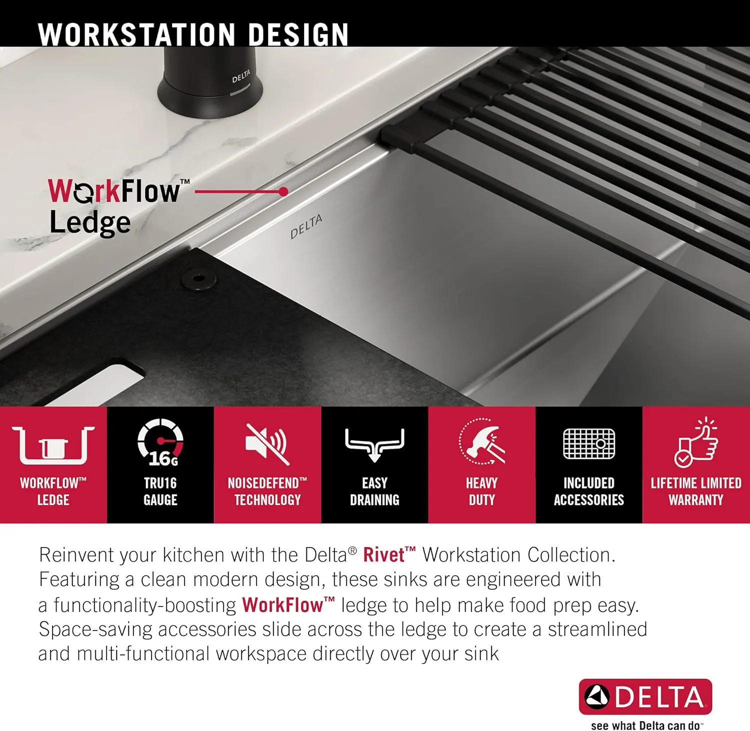 DELTA FAUCET Rivet 27-Inch Workstation Kitchen Sink Undermount 16 Gauge Stainless Steel Single Bowl with WorkFlow Ledge and Chef’s Kit of 6 Accessories, 95B931-27S-SS