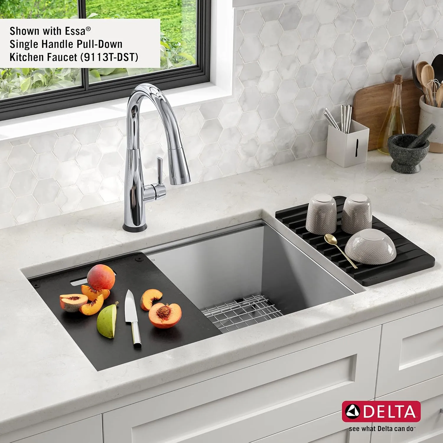 DELTA FAUCET Rivet 27-Inch Workstation Kitchen Sink Undermount 16 Gauge Stainless Steel Single Bowl with WorkFlow Ledge and Chef’s Kit of 6 Accessories, 95B931-27S-SS