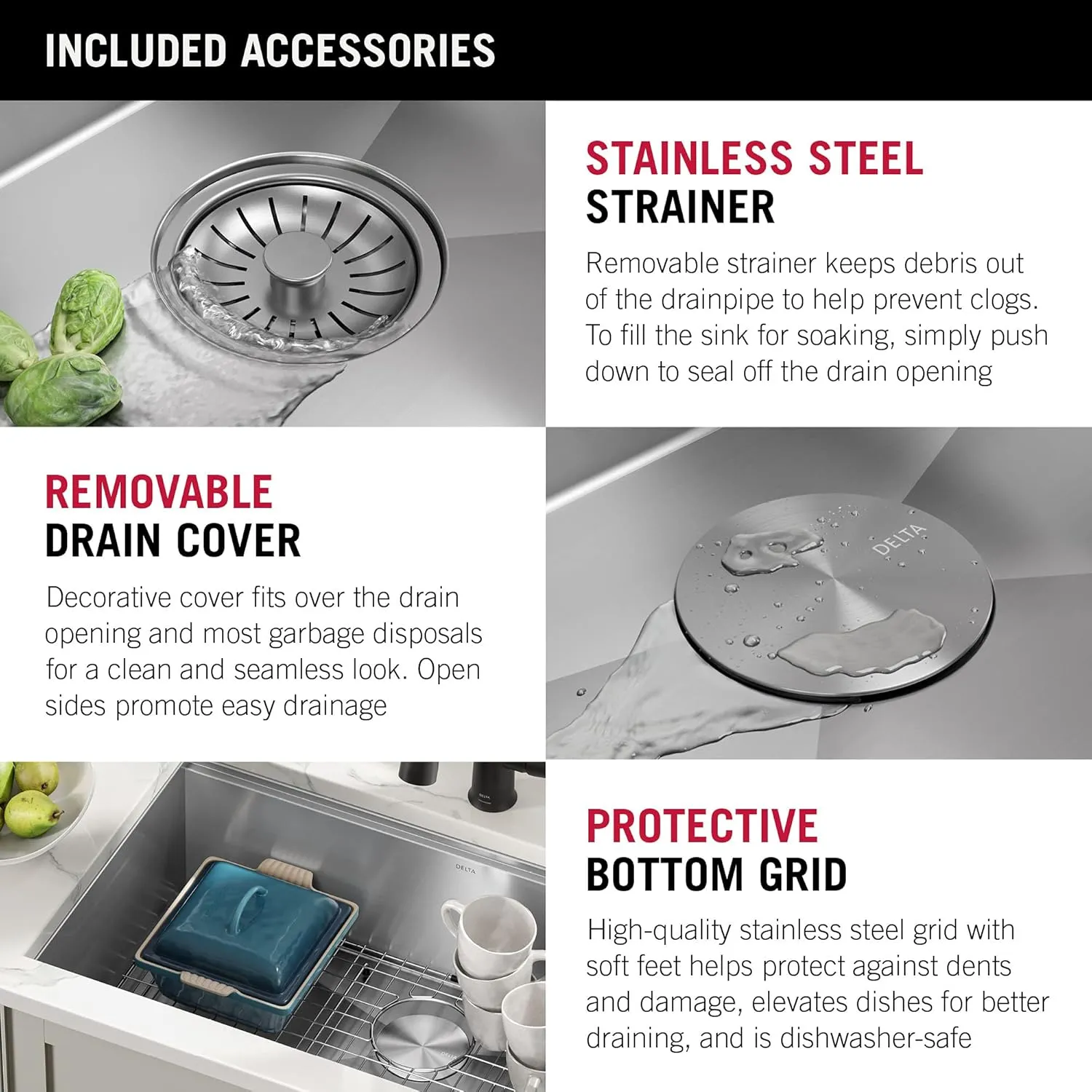DELTA FAUCET Rivet 27-Inch Workstation Kitchen Sink Undermount 16 Gauge Stainless Steel Single Bowl with WorkFlow Ledge and Chef’s Kit of 6 Accessories, 95B931-27S-SS
