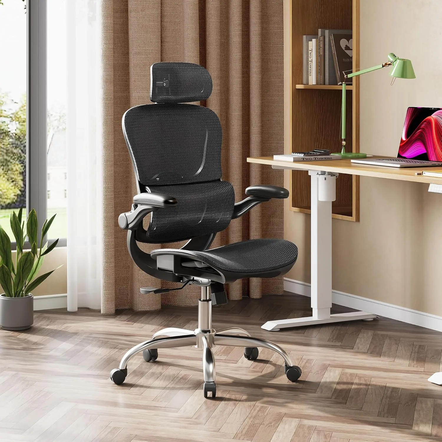 DEVAISE Ergonomic Mesh Home Office Desk Chair with Lumbar Support, High Back Reclining Computer Gaming Chair with Flip-up Armrests, 3D Headrest, Tilt Lock, Heavy Duty, SGS Class 4 Gas Lift, Black