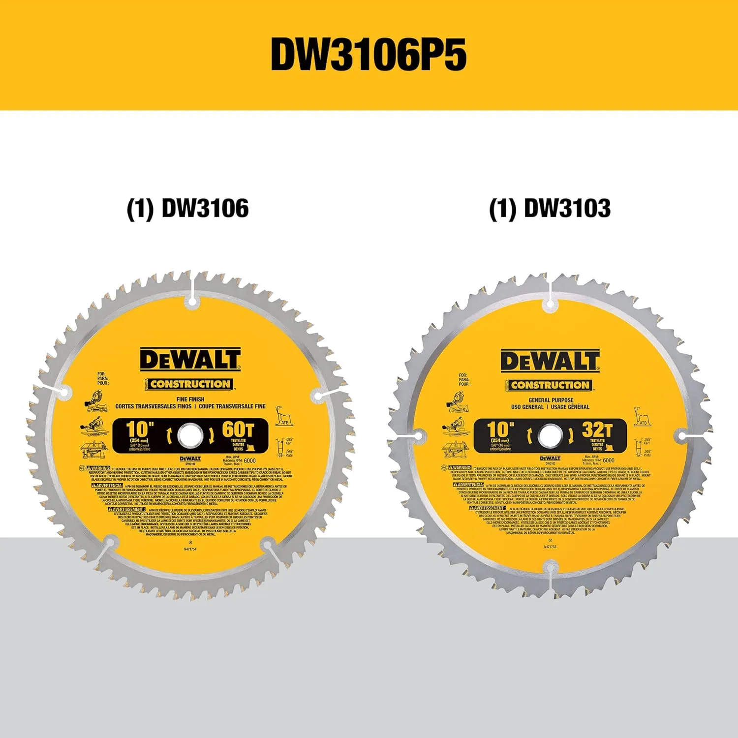 DEWALT 10-Inch Miter Saw Blades/Table Saw Blades, 2-Blade Combo, 60-Tooth & 32-Tooth Pack (DW3106P5)