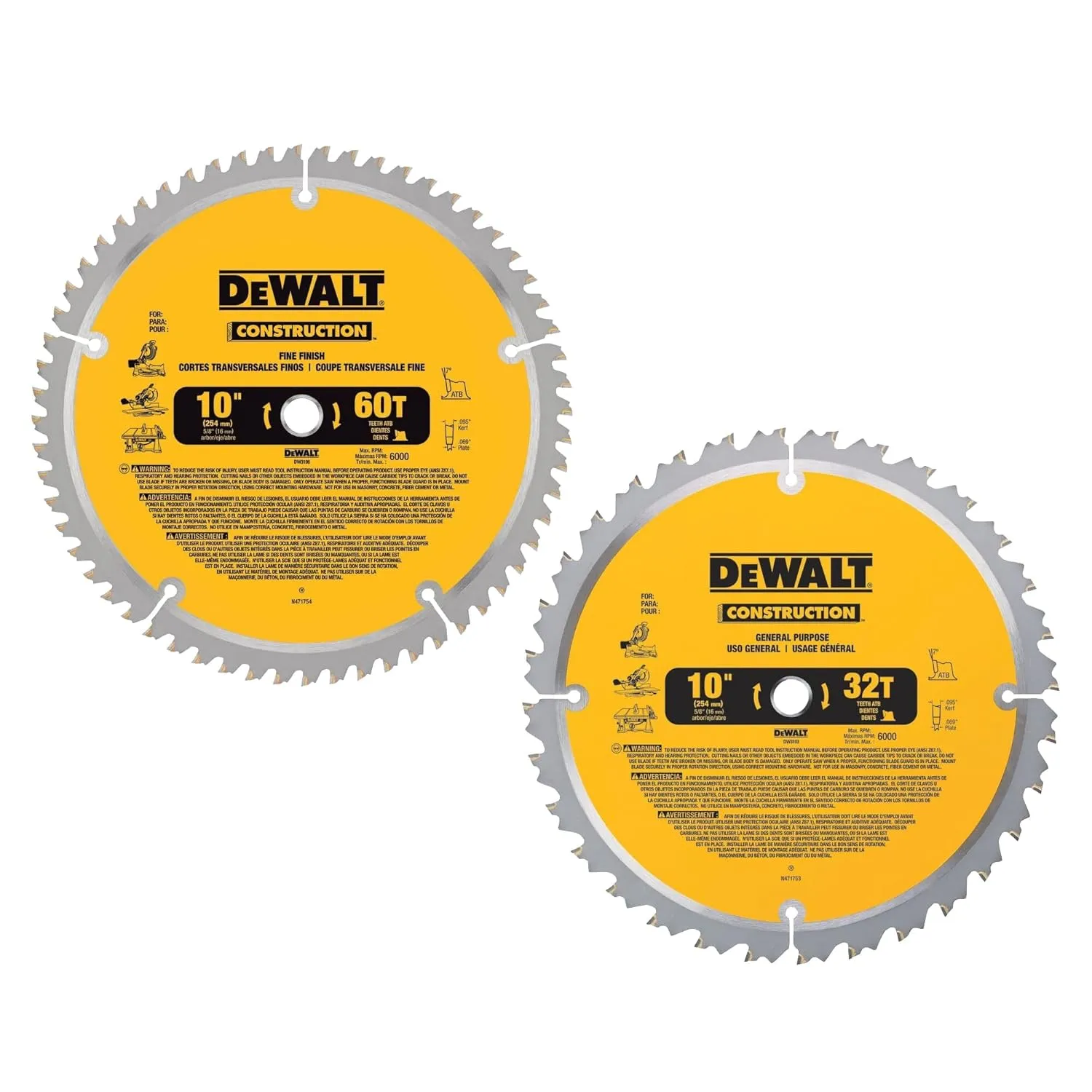 DEWALT 10-Inch Miter Saw Blades/Table Saw Blades, 2-Blade Combo, 60-Tooth & 32-Tooth Pack (DW3106P5)