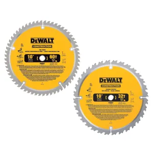 DEWALT 10-Inch Miter Saw Blades/Table Saw Blades, 2-Blade Combo, 60-Tooth & 32-Tooth Pack (DW3106P5)
