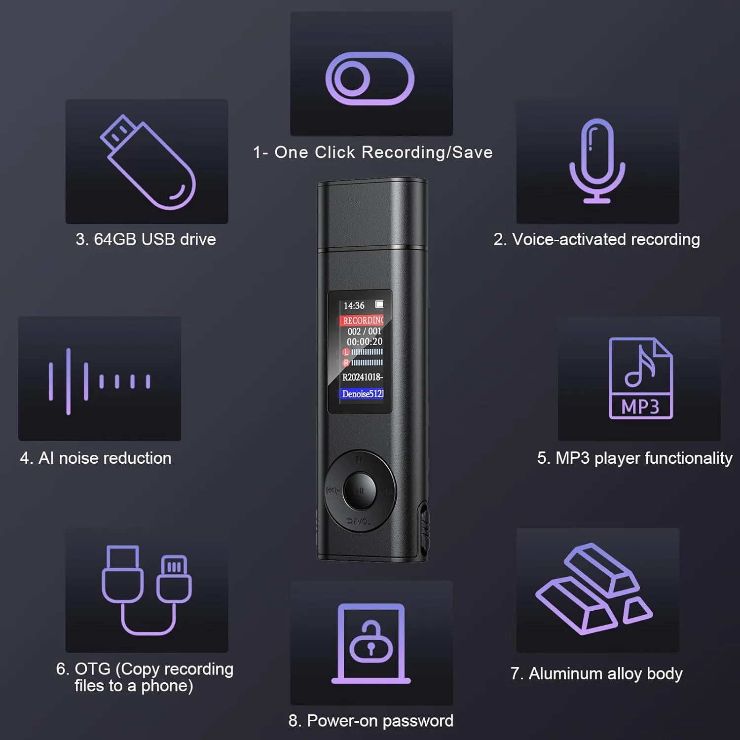 Digital Voice Recorder 64GB USB Voice Activated Audio Recorder Small and Portable Voice Recorders with Playback Digital Voice Recorder for Meetings/Interviews/Classroom