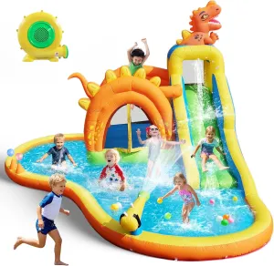 Dinosaur Inflatable Water Slide Park - 6-in-1 Bounce House with Slide, Jump Area, Splash Pool, Climbing Wall & Basketball Hoop | 480W Blower Included | Indoor/Outdoor Backyard Play for Kids 3-10