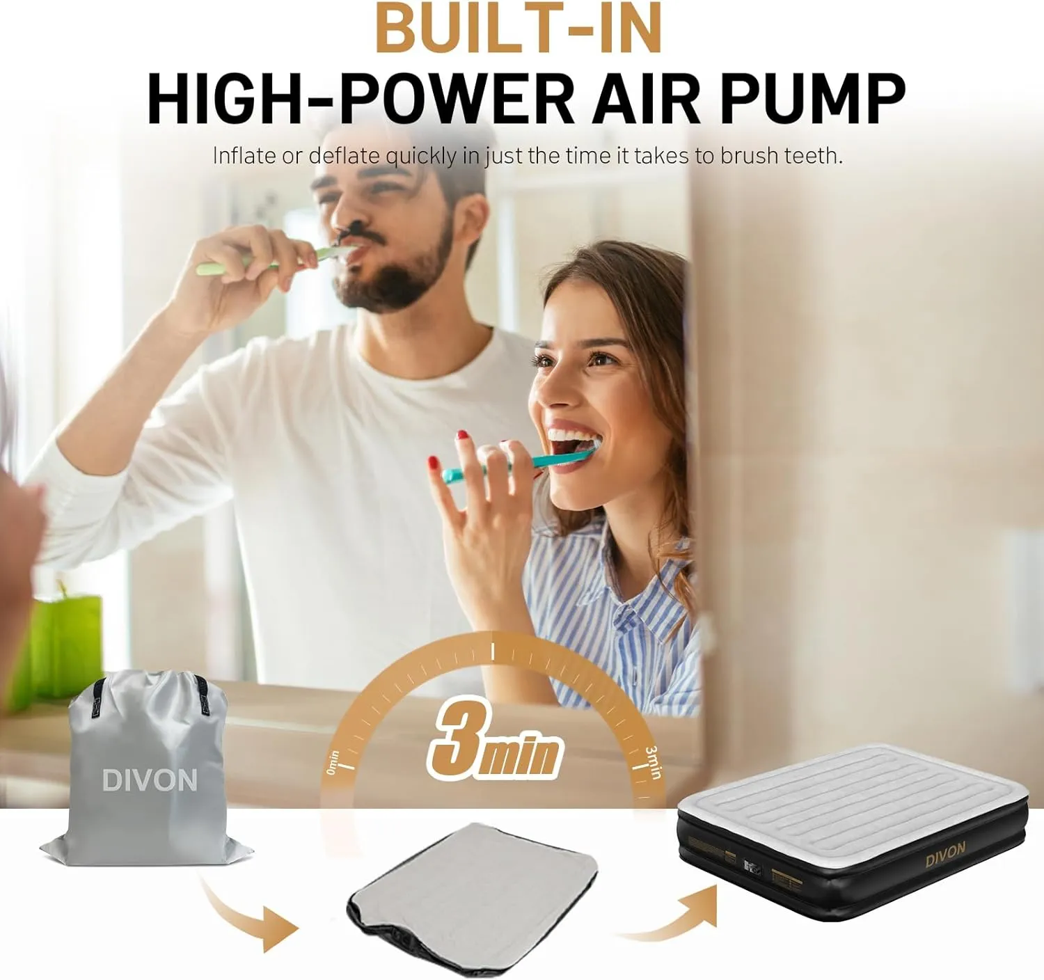 DIVON Air Mattress Queen with Built in Pump,Blow Up Mattress with Wave Pattern in 3 Mins,15’’High Quick Inflatable Mattress Queen,Air Bed for Home&Camping,660lbs