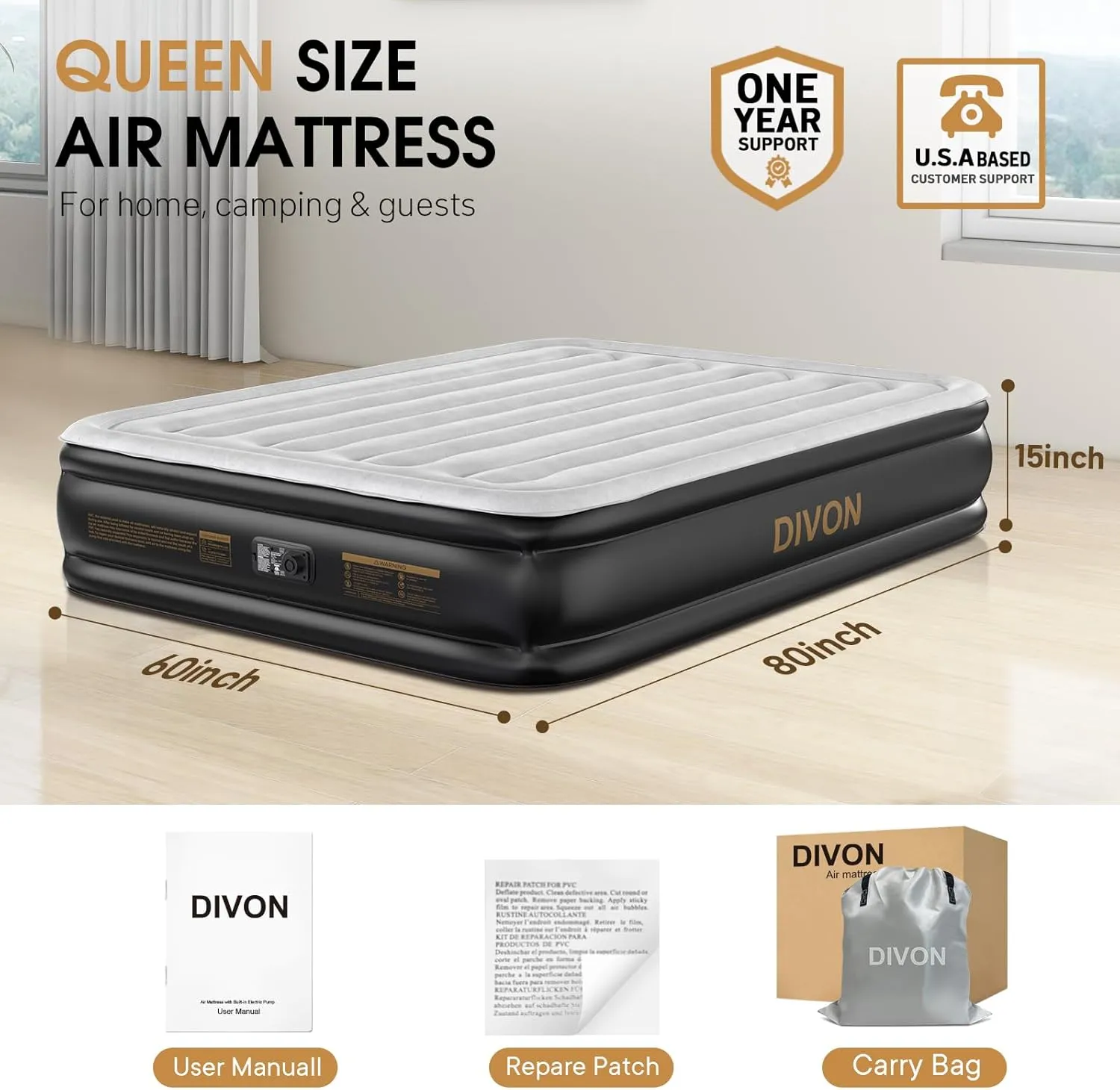 DIVON Air Mattress Queen with Built in Pump,Blow Up Mattress with Wave Pattern in 3 Mins,15’’High Quick Inflatable Mattress Queen,Air Bed for Home&Camping,660lbs
