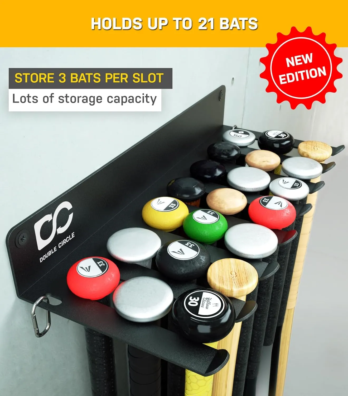 Double Circle Baseball Bat Rack - Holds 21 Bats - Wall Mount Holder - Metal Hanger for Home and Field Storage - Hardware Included - Sports Equipment Organizer