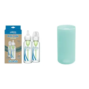 Dr. Brown's Natural Flow Anti-Colic Options  Narrow Glass Baby Bottle 8 oz/250 mL 2 Pack with Level 1 Slow Flow Nipple and Silicone Sleeves for Glass Bottles, Mint