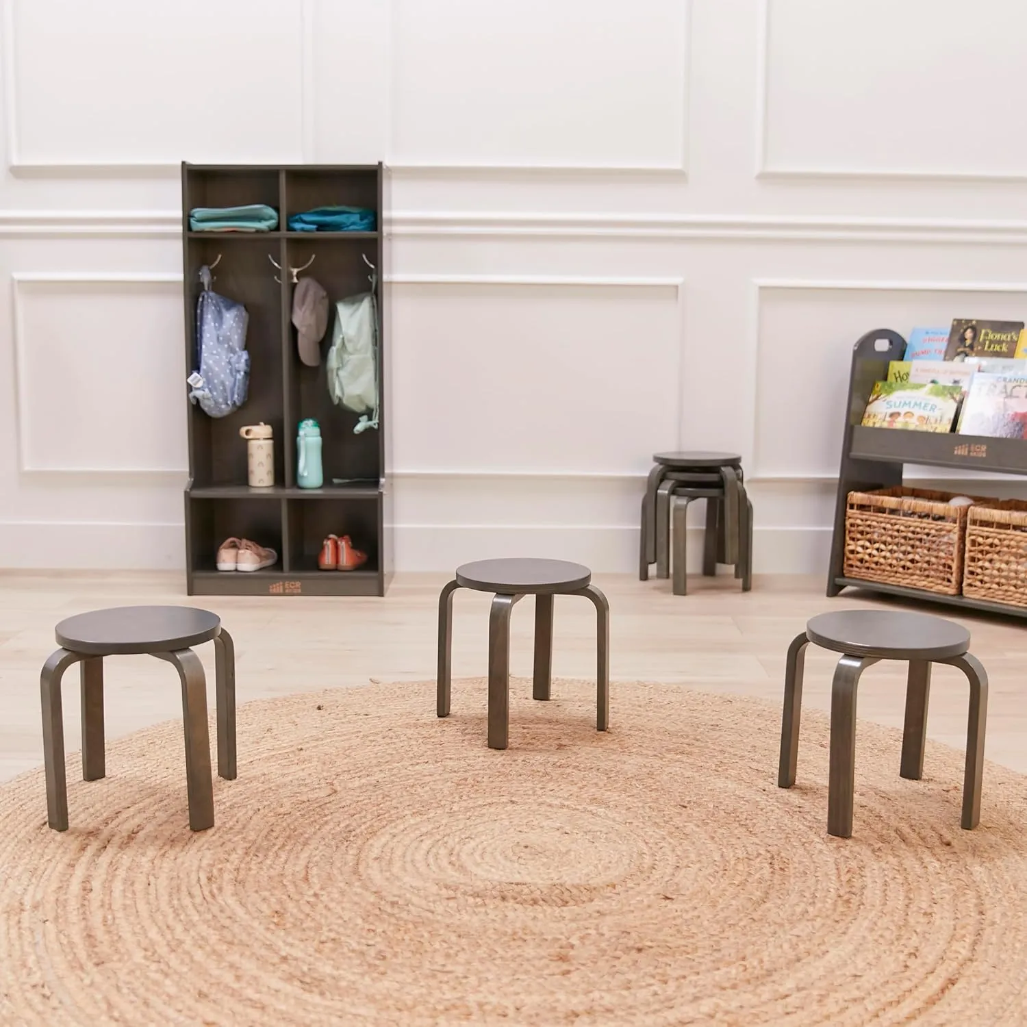 ECR4Kids Bentwood Stackable Stools, Classroom Furniture, Grey Wash, 6-Piece