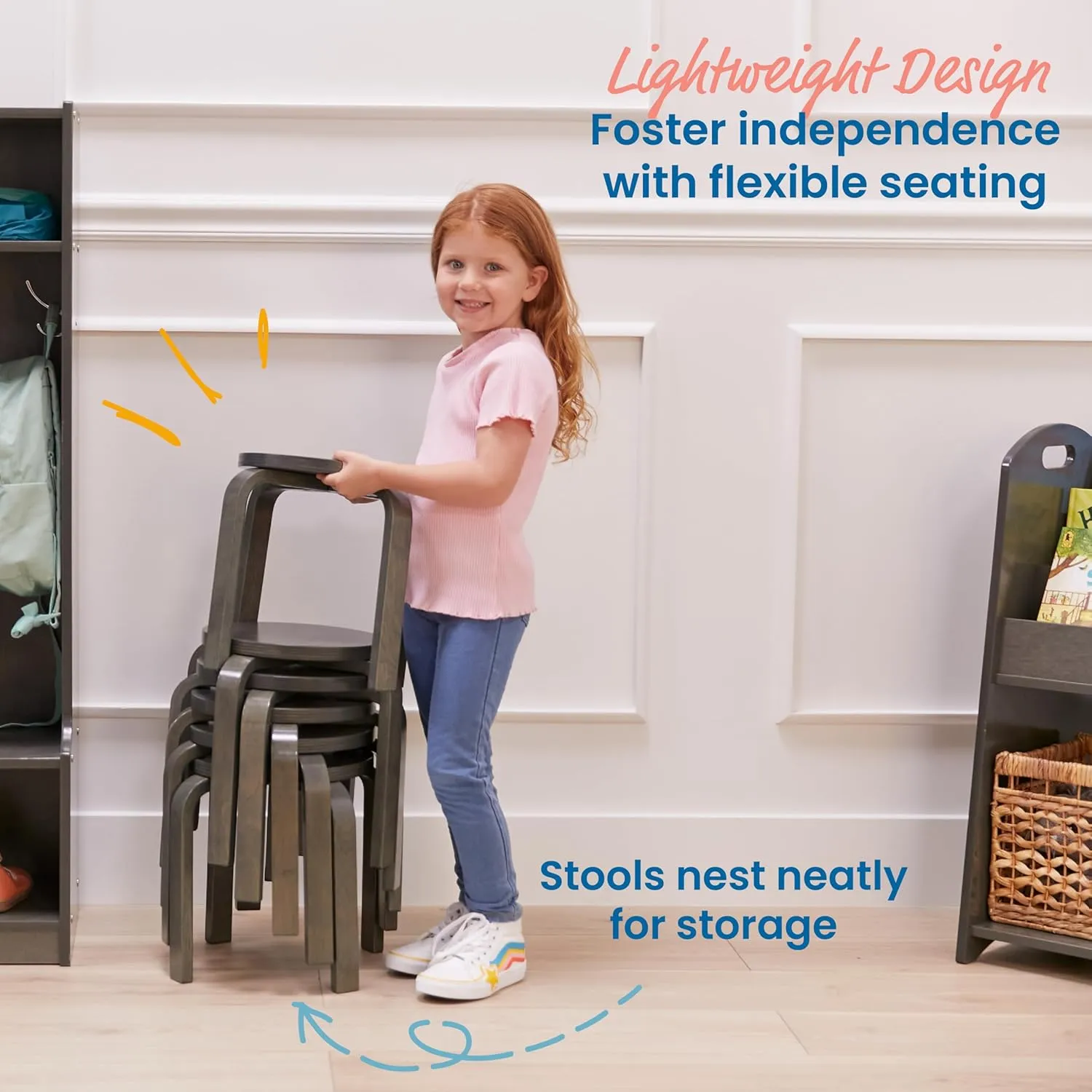 ECR4Kids Bentwood Stackable Stools, Classroom Furniture, Grey Wash, 6-Piece