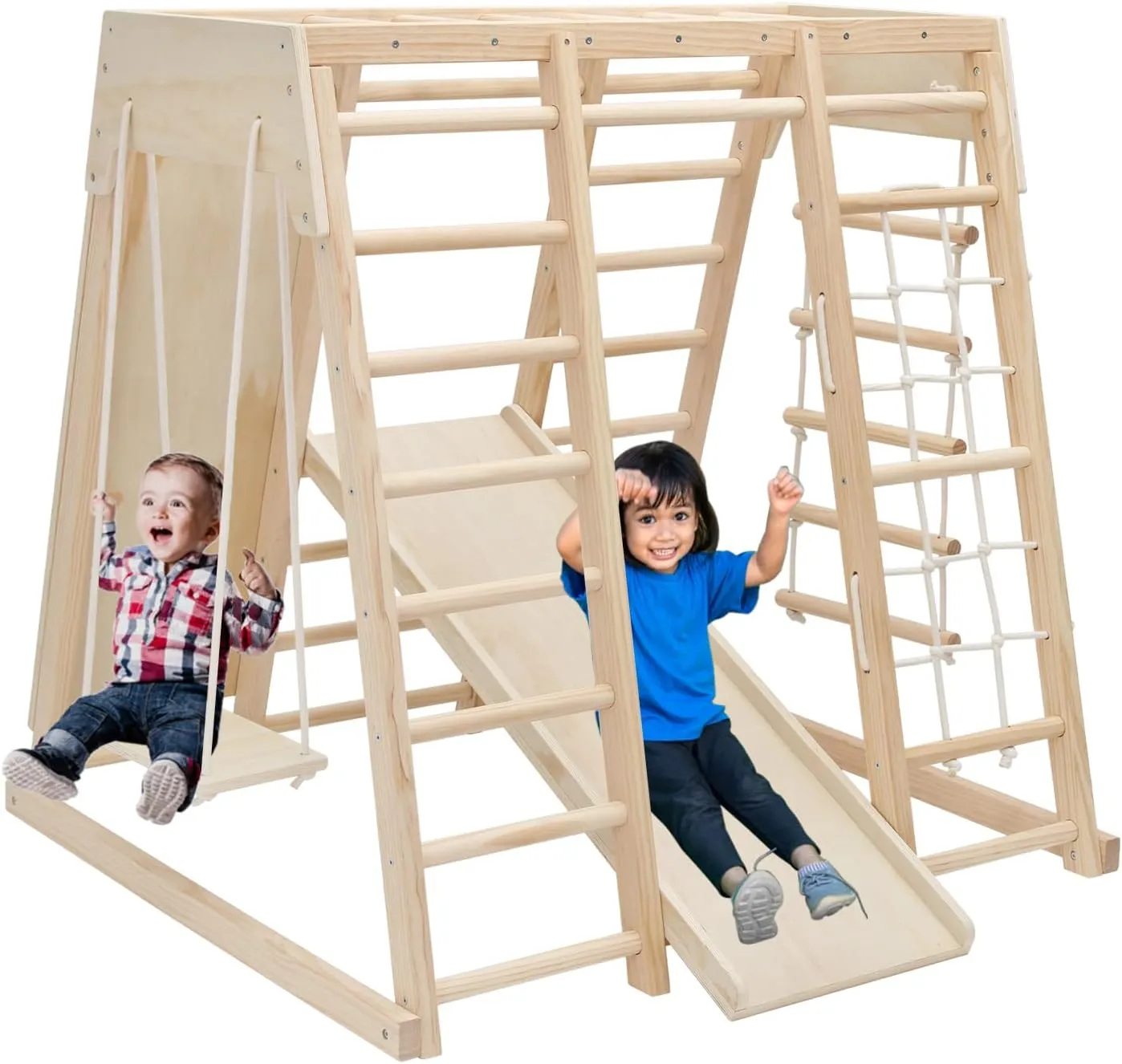 EDOSTORY 7 in 1 Pikler Indoor Playground Jungle Gym Playset, Wooden Montessori Climber with Slide, Rock Climb Wall, Monkey Bars, Rope Ladder, Climbing Rope and Swing for Kids（Natural）