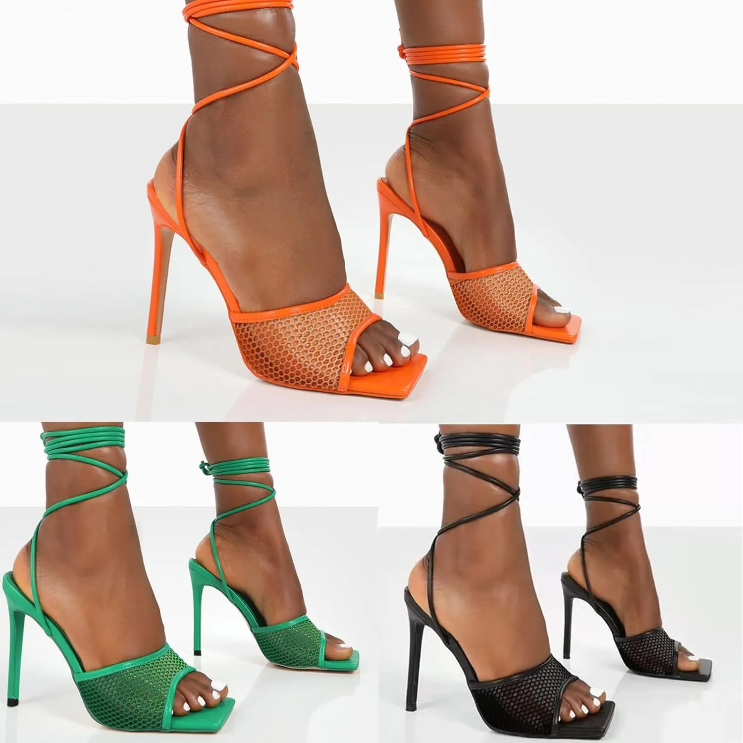 Eduavar Sandals for Women Dressy Summer, Womens Sandals Sexy High Sandals Strap Heel Mesh Solid Sandals Open Toe Comfy Sandals