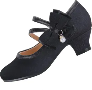 EIGHT KM Girls High Heel Dress Shoes Mary Jane Princess Wedding Party Pump Shoes EKM7035 Sparkle Glittery Minerva Pearl Bow Black US Little Kid Size 12